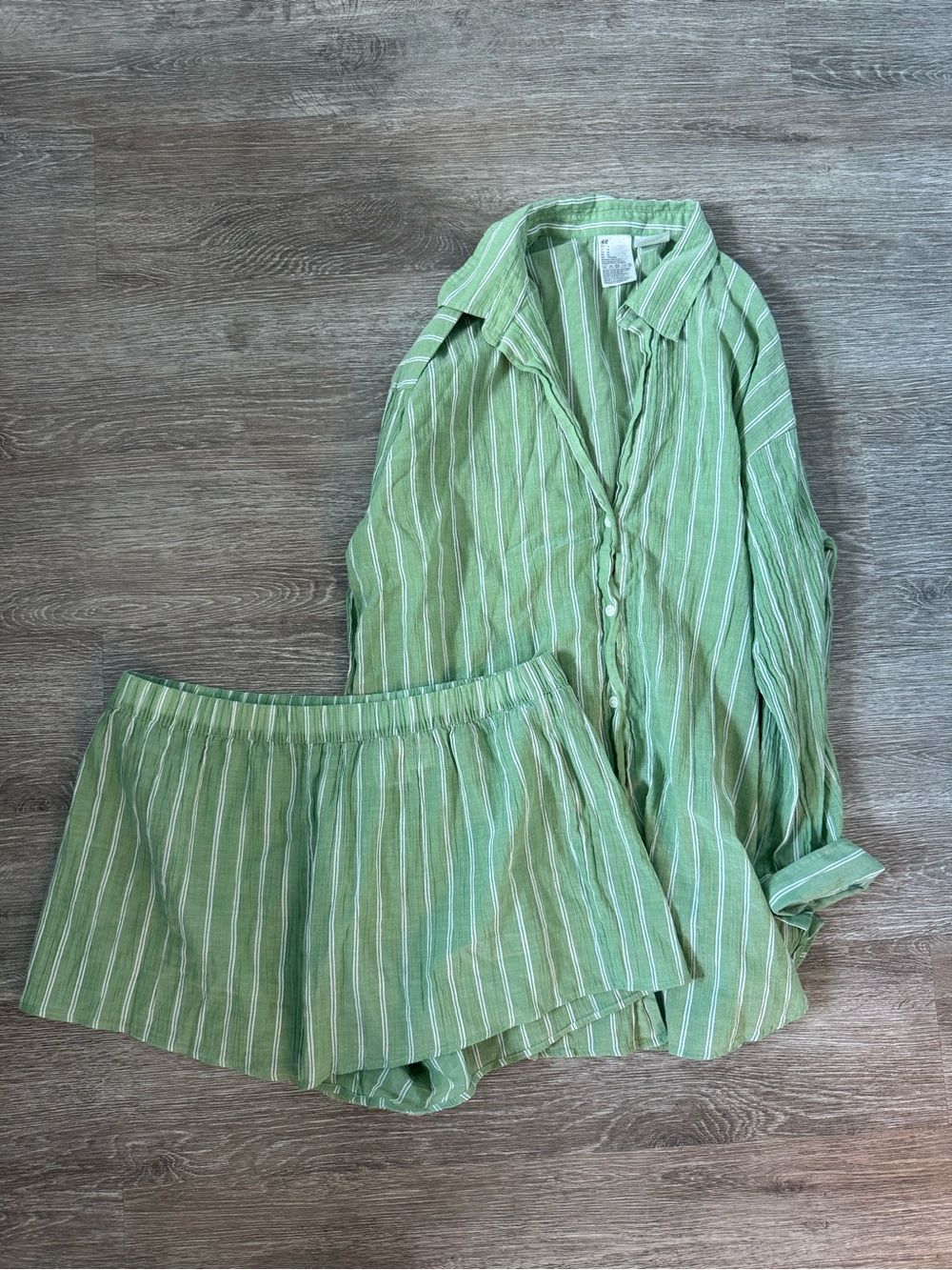 H&M Green Striped Cotton Shirt & Shorts Matching Set Size M/L Coastal Summer - Picture 7 of 10